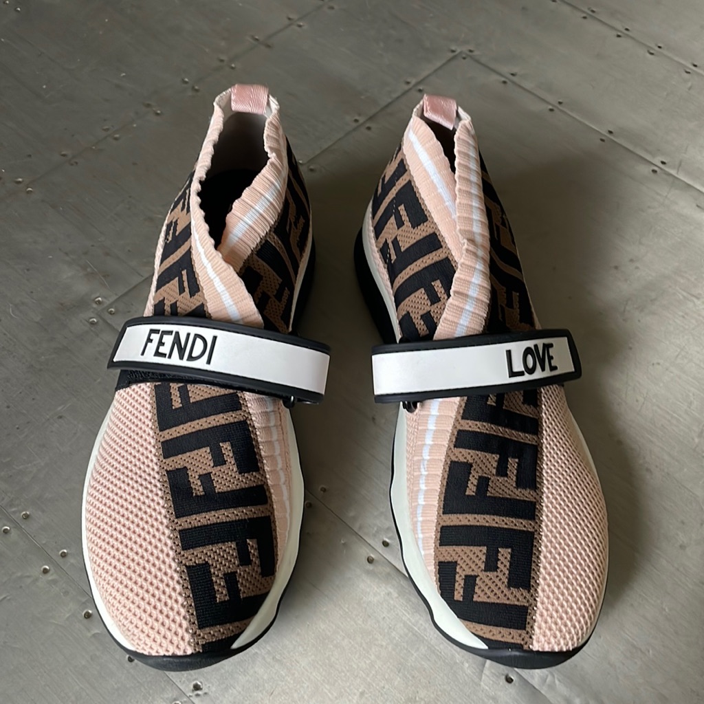 Fendi Authentic Knit Sock Pink Brown Logo Sneaker Trainer Flats Sz 38.5